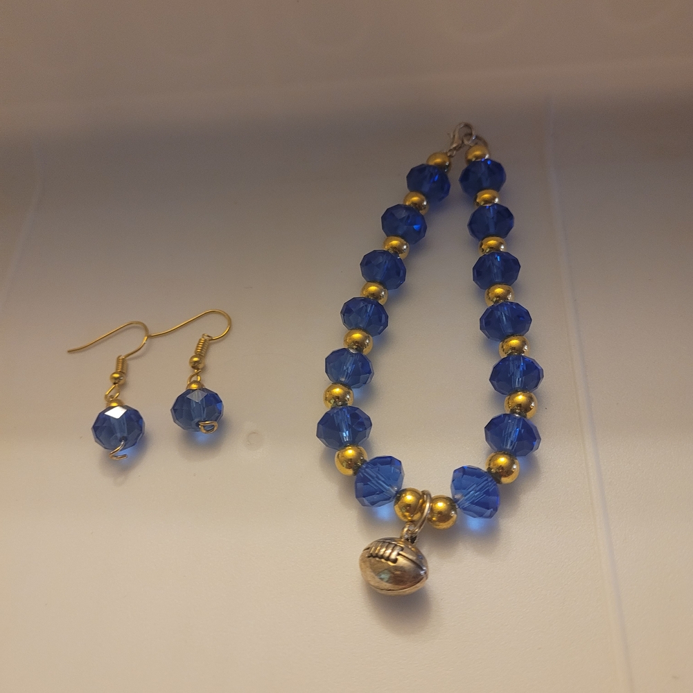 Handcrafted blue football glass beaded bracelet Earrings Set With Gold Tone Acc